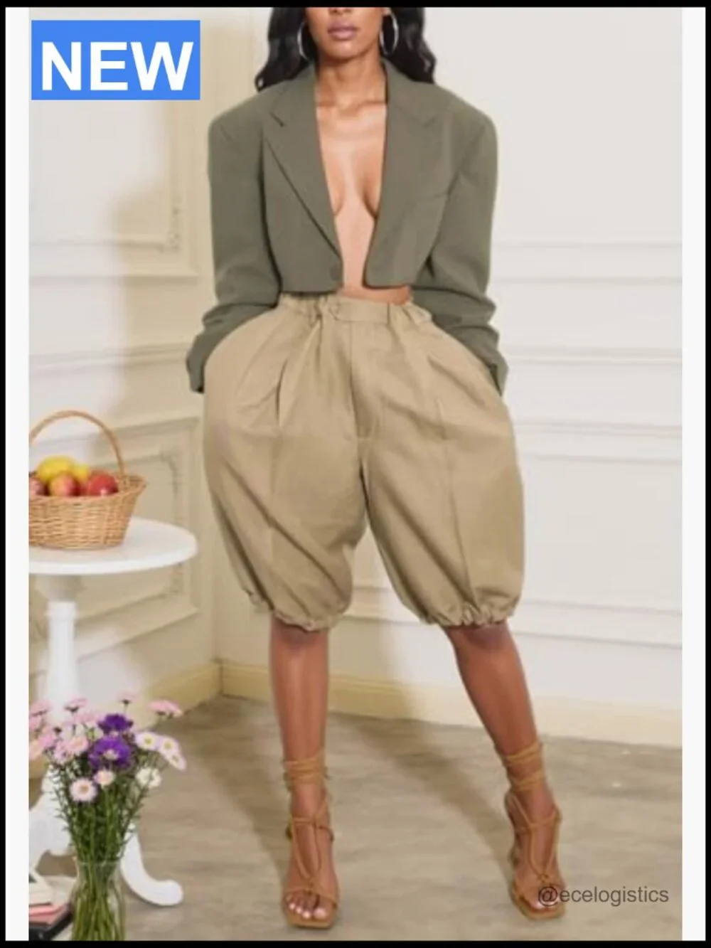 Bermuda Shorts for Women Baggy Knee Length Elastic Waist High Waisted Wide Leg